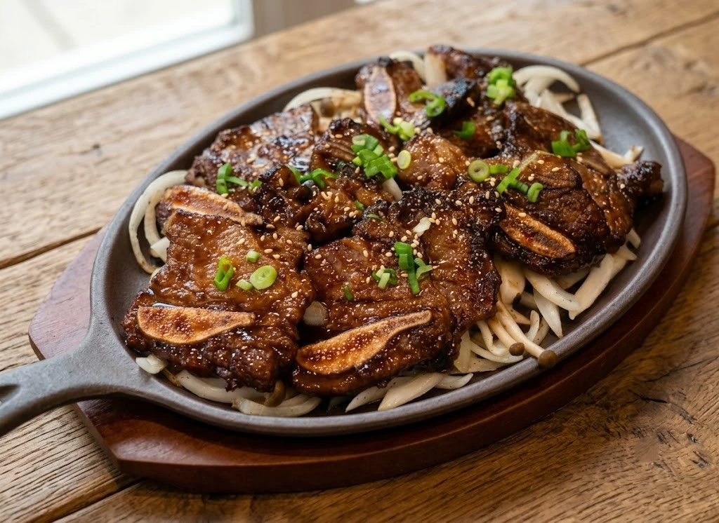 Sizzling Korean spicy stir-fried pork with scallion salad at Hanyang Korean Restaurant Calgary