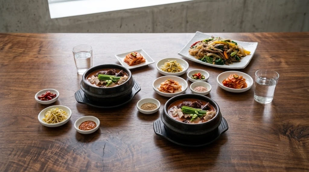 Shareable Korean dishes prepared for group orders at Hanyang Korean Restaurant